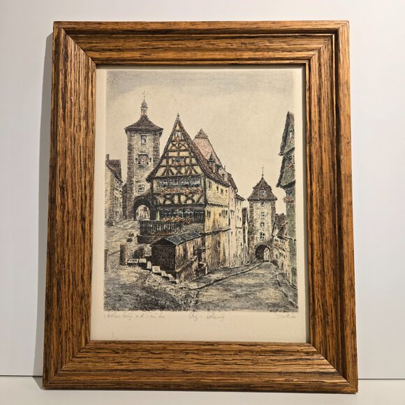 Framed Rothenburg ob der Tauber Etching Print – Hand-Colored Etching signed - Picture 4 of 10